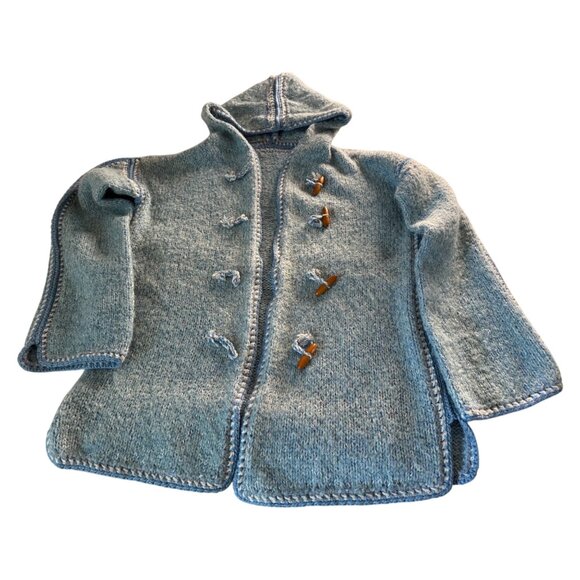 VTG Handmade Wool Blend crochet chunky knit duffel coat hoodie Toggle Warm Lg - Picture 1 of 12